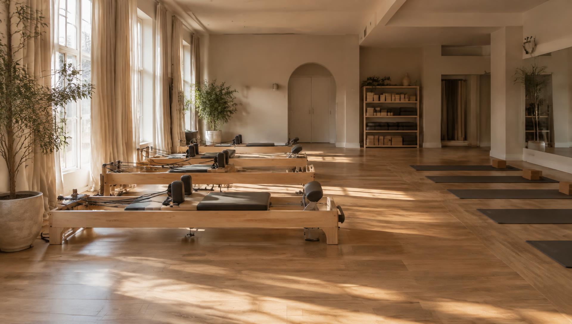 A sunlit pilates and yoga studio with reformers and mats