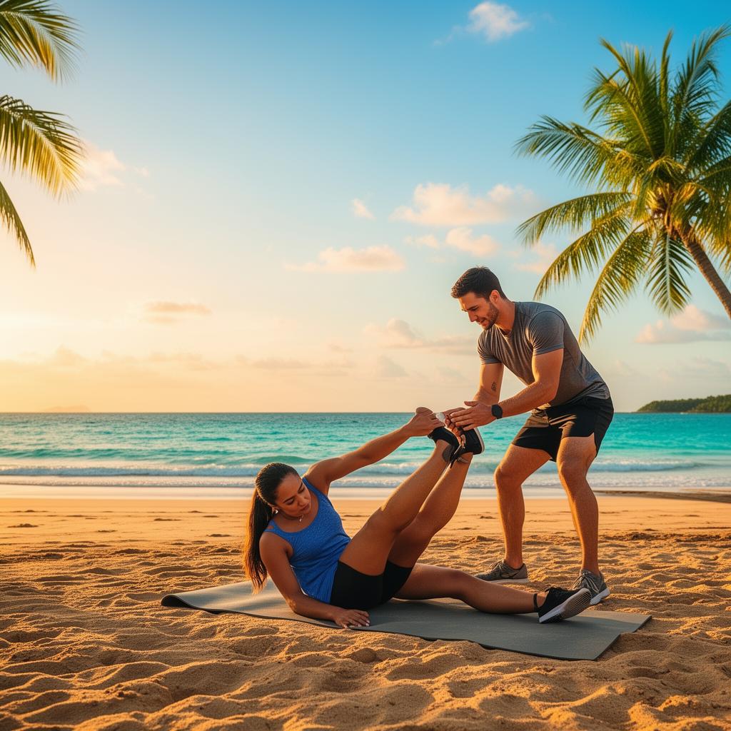 Personal trainer coaching a client on a tropical beach at sunset